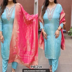 Elegant soft fandy silk fabric Blue and Pink Women's Kurta Set(full stitched)